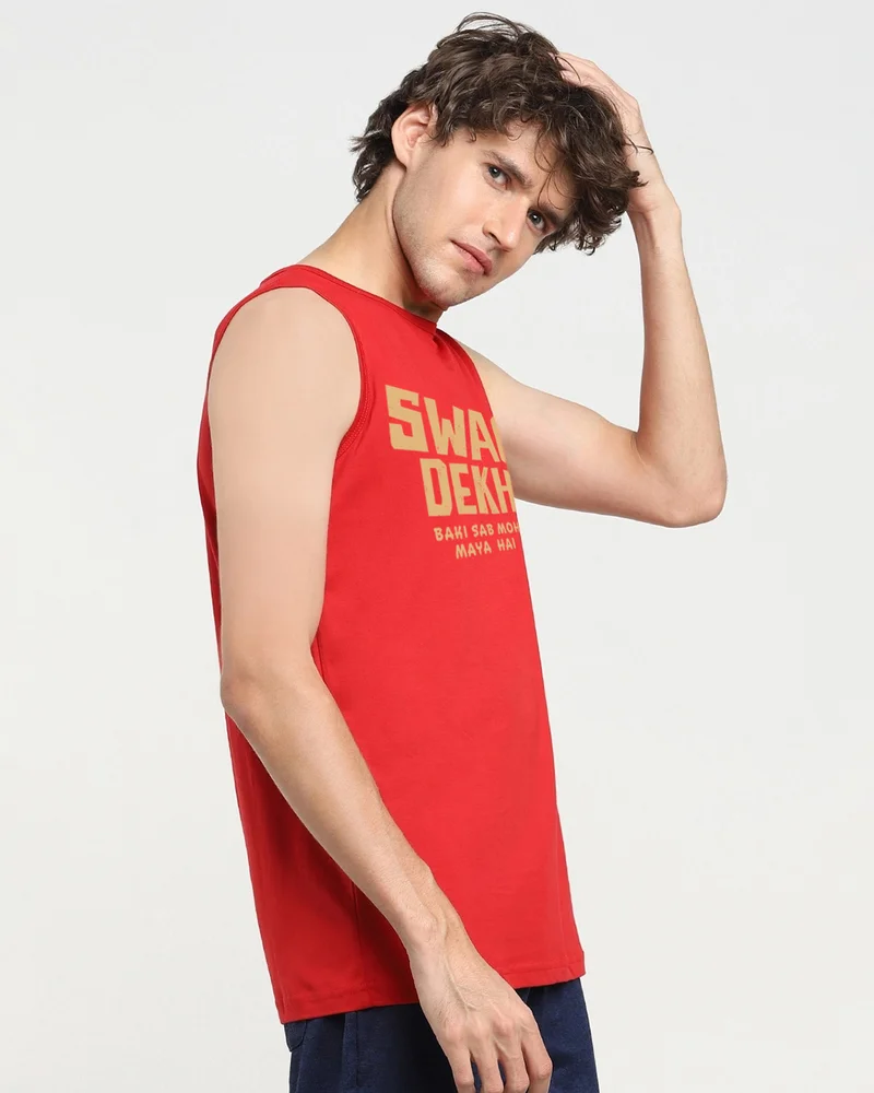 bewakoof Men's Bold Red Swag Dekh Typography Vest